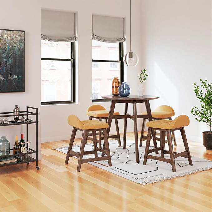 Signature Design by Ashley Lyncott Contemporary 28.5" Counter Height Upholstered Bar Stool with Foam Cushion, 2 Count, Mustard & Brown