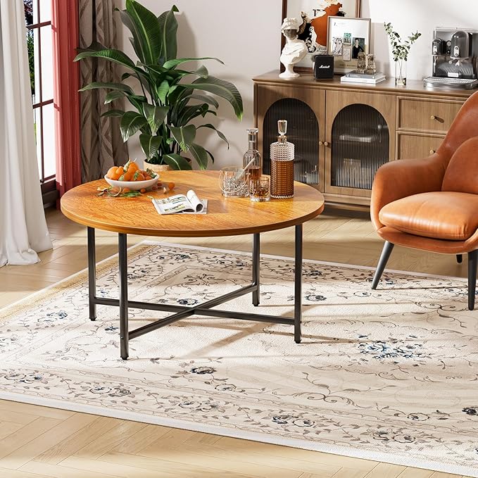 Round Coffee Table, 31.5" Circle Coffee Table，Modern Round Coffee Tables Living Room, Large Coffee Table Round for Indoor & Outdoor Use, Office, Patio or Garden, Warm Brown (31.5" D*17.7" H)