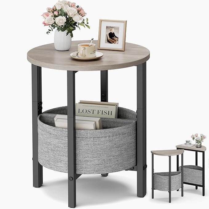 Vagusicc Small Round Side Table End Table with Storage Basket, Accent Coffee Tables Modern Round Nightstand, Set of 2 Half Round Tables, Tall Sofa Table Bedside Table for Living Room Bedroom,Gray