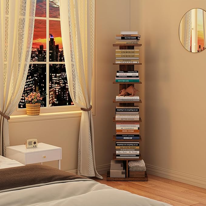 TUTOTAK Narrow Bookshelf, 8-Tier Bookcase, Spine Book Shelf for Small Space, Corner Standing Shelf for Living Room, Office, Study, Entryway, Rustic Brown BS06BB008