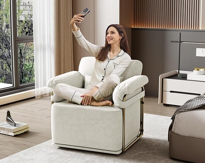 KEIKI Modern Comfy Swivel Accent Reading Chair with Waist Pillows, 360°Square Upholstered Barrel Armchair Single Club Lounge Sofa Chairs for Living Room,Bedroom,Office,Beige