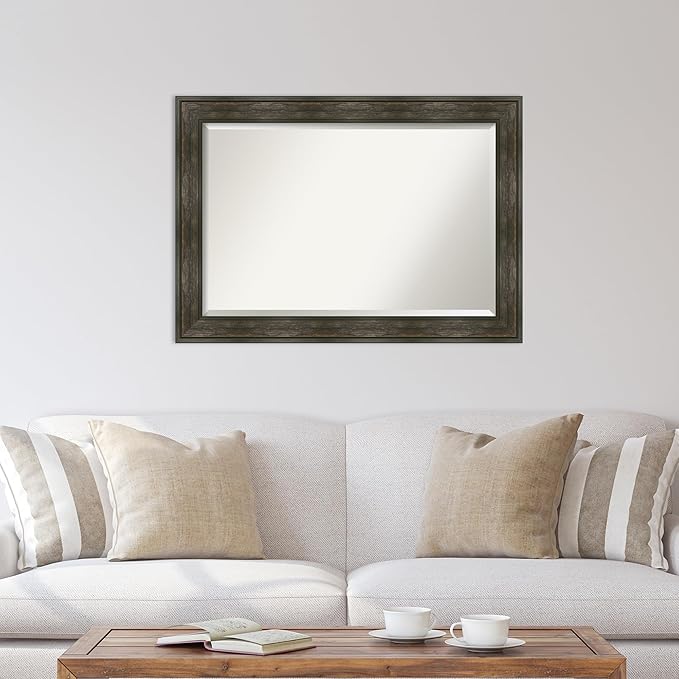 Amanti Art Brown Wall Mirror 30x42 Rail Rustic Char Rectangle Bathroom Mirror for Wall Decor Living Room, Large Rustic Farmhouse Frame, Hangs Horizonally and Vertically, Bathroom Decor, Beveled Edge