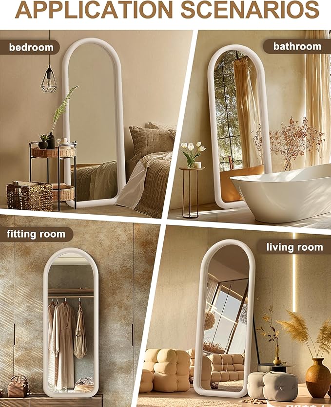 Delma Arched Full Length Mirror, Free Standing Floor Velvet Frame Mirror for Leaning or Hanging, Soft Touch Bedroom & Living Room Decor, Cream White
