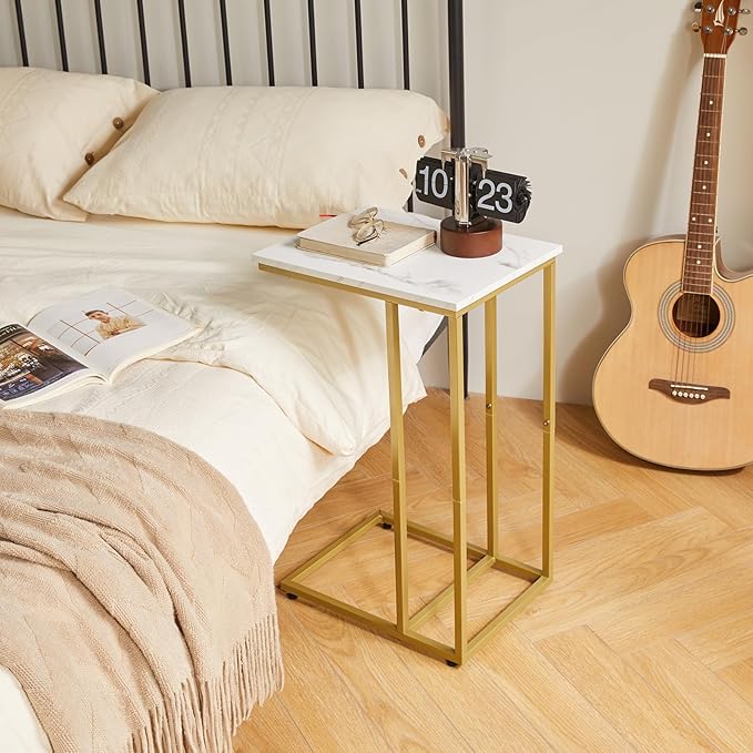 Small Side Tables C Shaped, End Table Set of 2, Small Table Stand for Living Room Bedroom, lLittle Bedside Table Faux Marble+Gold YD-TM051G-2