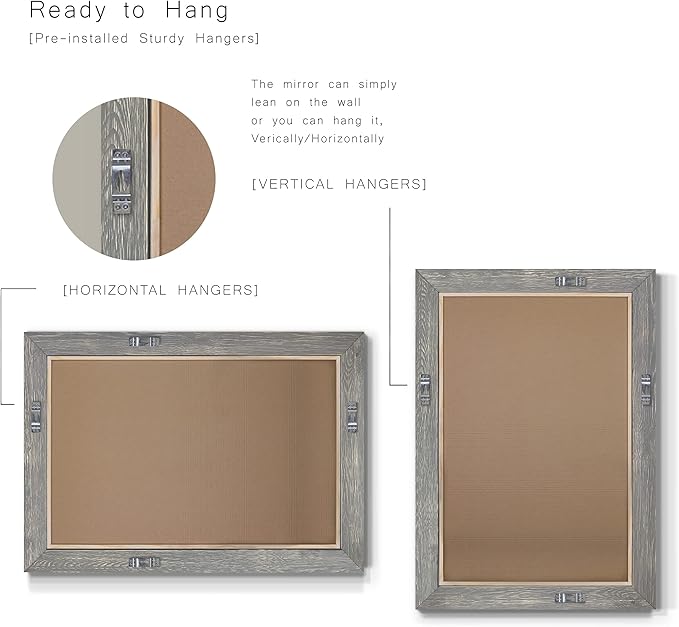 Gray Rustic Mirror Rectangular Barnwood Framed Wall Mirror for Home Decor, Vertical or Horizontal Hanging, 41x29