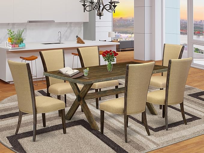 East West Furniture X777VE703-7 7 Piece Dinette Set Consist of a Rectangle Dining Room Table with X-Legs and 6 Brown Linen Fabric Upholstered Parson Chairs, 40x72 Inch, Multi-Color