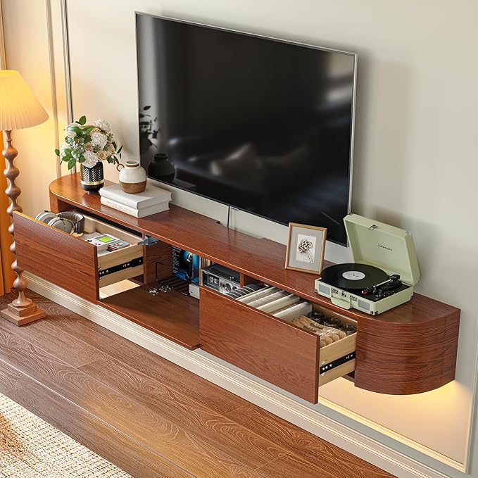 Fully Assembled Floating TV Stand with Drawers, 63IN Vintage Wall Mounted Entertainment Center, Minimalist Large Storage Console Under TV, Solid Wood Media Shelf for Living Room, Bedroom