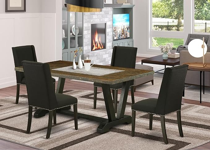 East West Furniture V677FL624-5 5 Piece Dining Set Includes a Rectangle Dining Room Table with V-Legs and 4 Black Linen Fabric Upholstered Parson Chairs, 40x72 Inch, Multi-Color