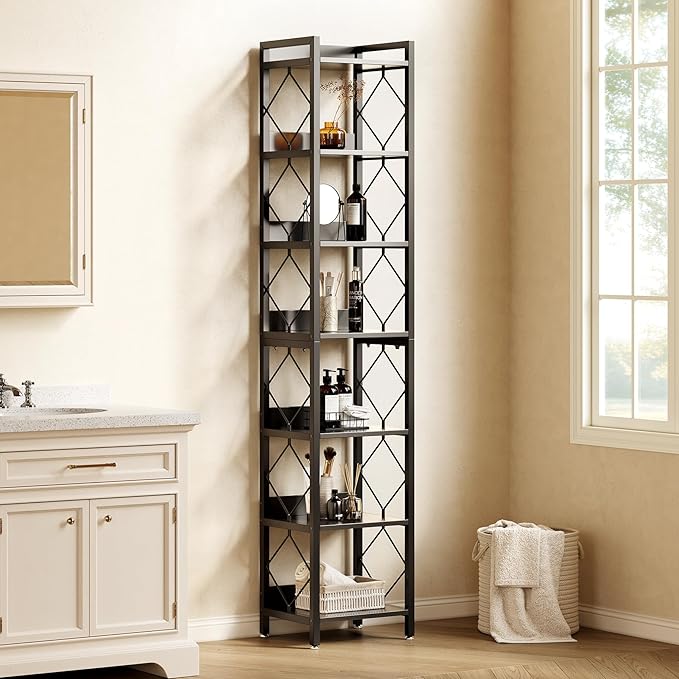 LITTLE TREE Corner Book Shelf, 7-Tier Tall Bookcase, 78" Display Shelves with Sturdy Metal Frame for Living Room, Modern Narrow Standing Bookshelves, Black Office Shelf for Small Spaces, Bedroom