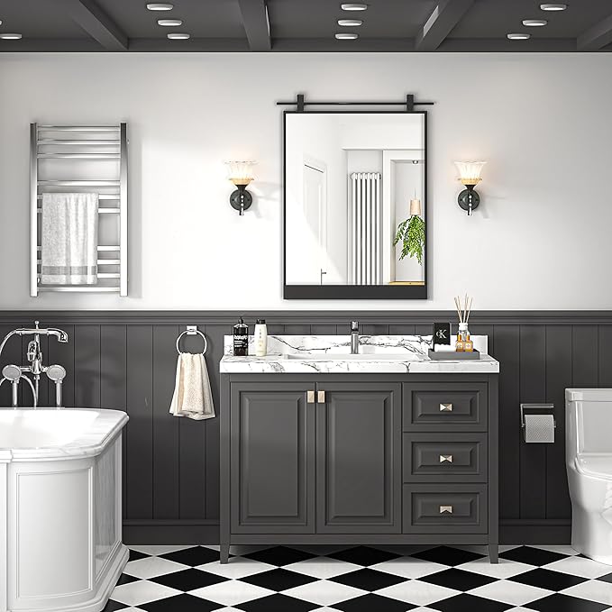 20x28 Inch Rectangle Bathroom Vanity Mirror for Wall Mounted Over Sink Farmhouse Rustic Matte Black Frame Barn Door Mirrors Foyer Entryway Decor