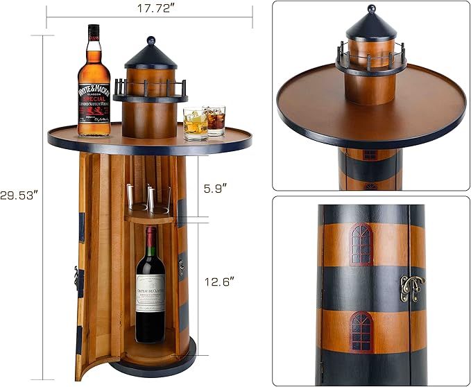 SAILINGSTORY Wooden Lighthouse Nautical Round Coffee Table Beach Coastal End Table Side Table with Storage
