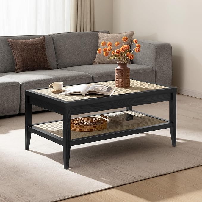 SICOTAS Rectangle Coffee Table for Living Room, Farmhouse Boho Center Table with 2-Tier Rattan Storage Shelves, Sofa Side Accent Table for Small Space, Black Oak