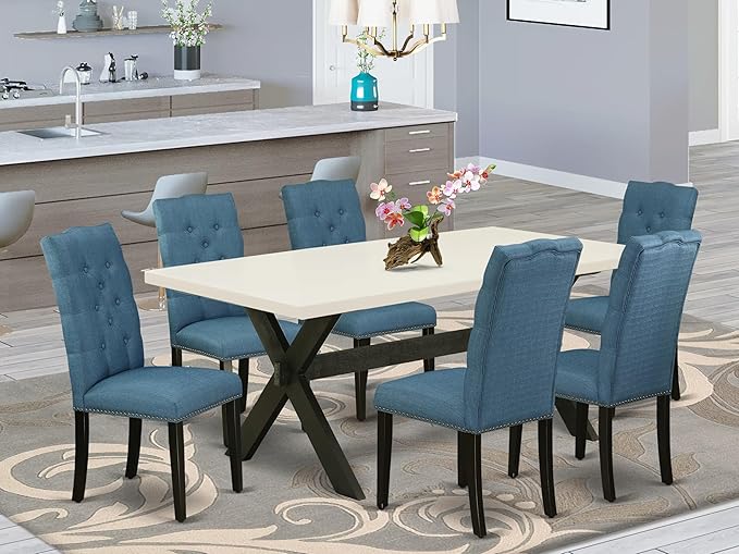 East West Furniture X627EL121-7 7 Piece Dining Room Table Set Consist of a Rectangle Kitchen Table with X-Legs and 6 Blue Linen Fabric Parson Dining Chairs, 40x72 Inch, Multi-Color