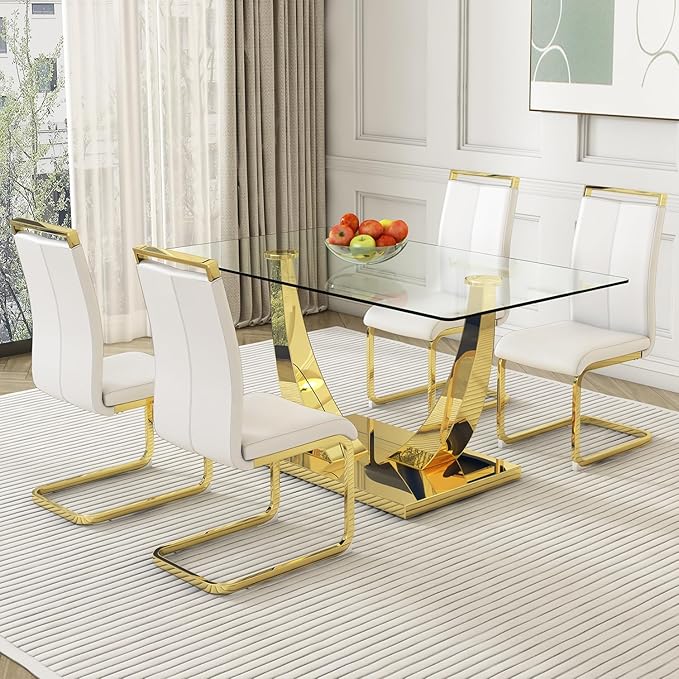 Modern Dining Chairs Set of 4,High Back White Kitchen Chairs,Faux Leather Side Chair with Gold Plated Metal Legs,Easy to Clean Upholstered Dining Chairs,Ideal for Living Room(Gold Leg)