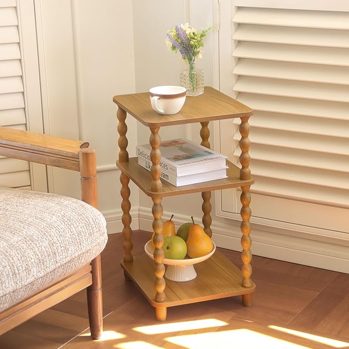 End Table, Small Side Table with 3 Tier Open Shelf, Modern NightStand Accent Table for Small Spaces, Living Room and Office (Caramel Tan)