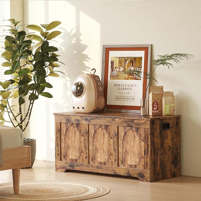 DINZI LVJ Storage Chest, 39.4”Wooden Storage Box with 2 Safety Hinges, Entryway Shoe Bench with Flip-Top, Trunk for Living Room, Bedroom, Easy Assembly, Rustic Brown