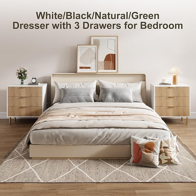 GarveeHome Natural Dresser, Modern 3 Drawer Dresser for Bedroom with Gold Handle and Large Drawer, Wood Double Chest of Drawers and Storage Organizer for Living Room, Hallway, Entryway