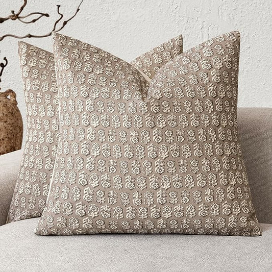 Foindtower Set of 2 Decorative Vintage Floral Print Throw Pillow Covers Neutral Modern Farmhouse Cushion Covers Boho Home Decor for Sofa Chair Couch Bedroom Living Room Outdoor,18×18 Inch,Tan Taupe