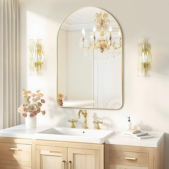 Arched Wall Mirror 24"X36", Gold Bathroom Vanity Mirrors for Over Sink, Modern Farmhouse Mirror Wall Mounted, Curved Arch Design for Bedroom, Living Room & Home Decor
