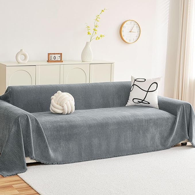 hyha Couch Cover for Dogs, Boho Sofa Covers for 3 Cushion Couch Washable, Chenille Sofa Slipcover for Pets, Soft Loveseat Sectional Couch Throw Blankets with Tassels (Grey, 88.5x134 Inch)