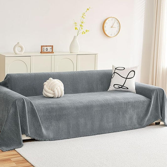 hyha Couch Cover for Dogs, Boho Sofa Covers for 3 Cushion Couch Washable, Chenille Sofa Slipcover for Pets, Soft Loveseat Sectional Couch Throw Blankets with Tassels (Grey, 71x134 Inch)