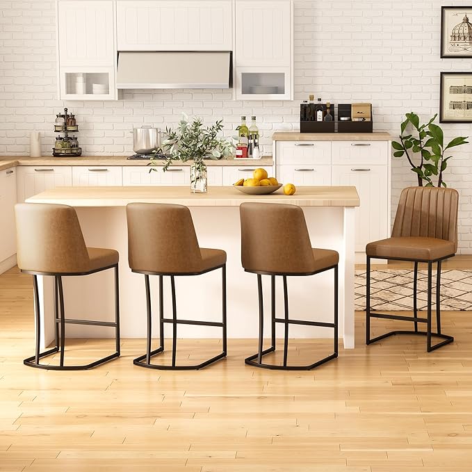 Counter Height Bar Stools Set of 4, Upholstered Leather Barrel Barstools with Back and Metal Legs for Kitchen Island, 27.4" Seat Height, Fabric in Faux Leather, Rustic Brown