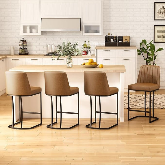 Counter Height Bar Stools Set of 4, Upholstered Leather Barrel Barstools with Back and Metal Legs for Kitchen Island, 27.4" Seat Height, Fabric in Faux Leather, Rustic Brown