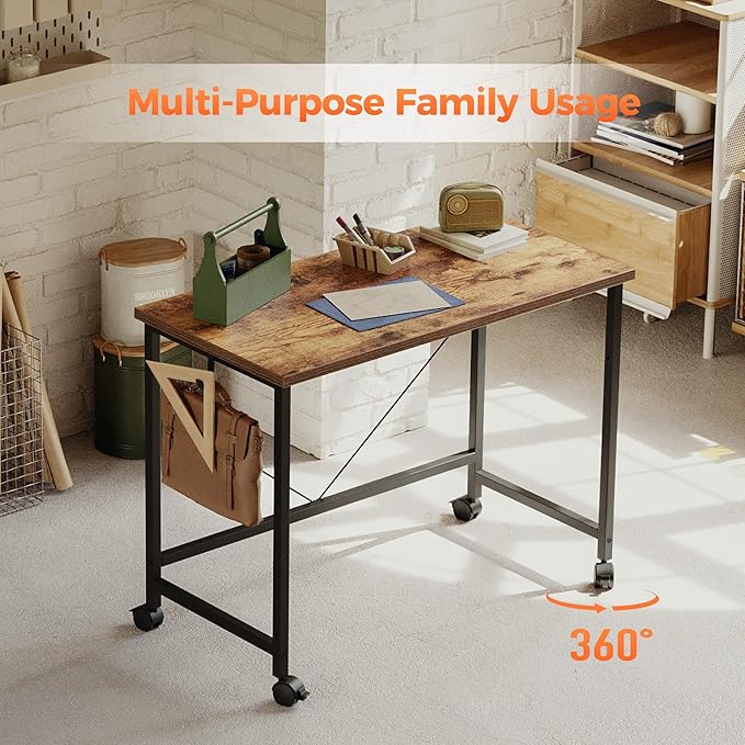 Rolling Computer Desk with Wheels, Gaming Desk for Small Spaces, Modern Simple Style Table for Home Office, Study Writing Table (Caster, Dark Brown, 32 inch)