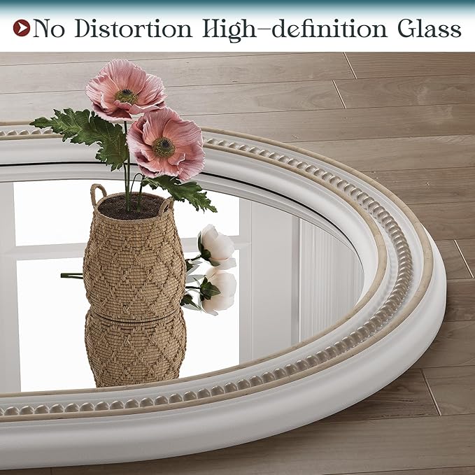 Boho Oval Mirror, 24" x 36" Farmhouse Antique Oval Bathroom Mirrors, Wooden Rustic Decorative Mirror with Beaded for Wall, Bedroom, Dining Room, Hallway, Vertical or Horizontal Hanging