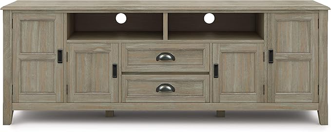 SIMPLIHOME Burlington SOLID WOOD 72 inch Wide Transitional TV Media Stand in Distressed Grey For TVs up to 80 inches for the Living Room and Entertainment Center