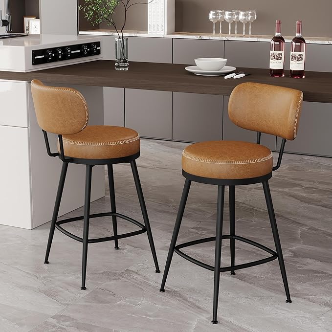 Counter Height Bar Stools, 26" H Swivel Barstools Set of 2, Faux Leather Kitchen Counter Stools with Back and Stylish Stitching, Metal Frame, Pub, Home Bar, Whisky Brown