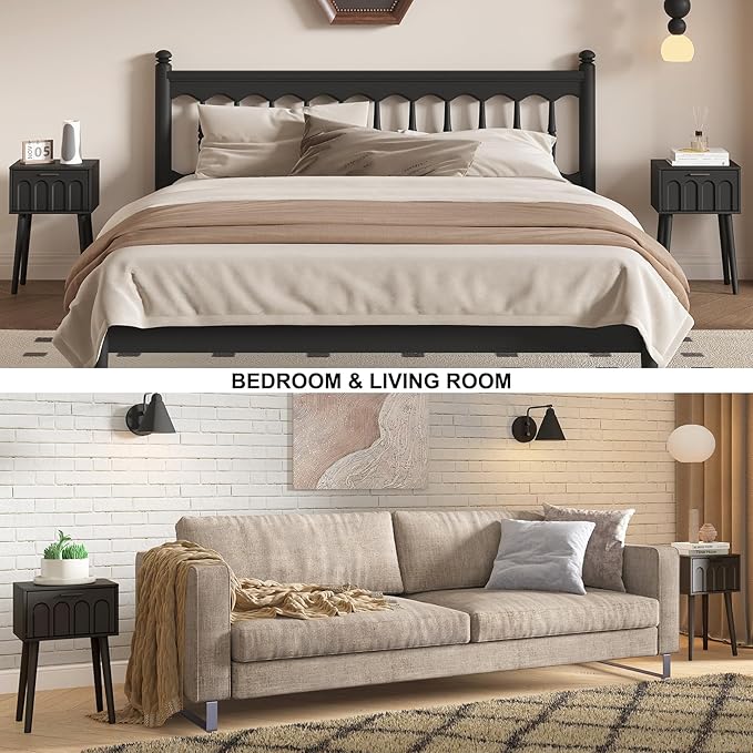 LAATOOREE Nightstand Set of 2, Small Bed Side Table with Arch Door, Mid-Century End Table with Wood Legs for Bedroom, Small Space (Black)