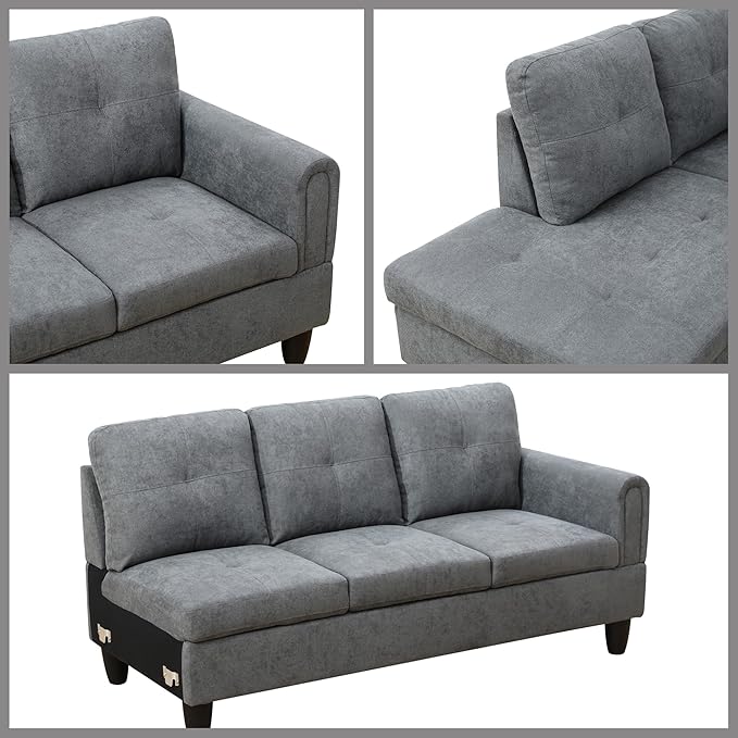 L Shaped Couch Sectional Couches with Chaise, Fluffy Fabric 3 Pieces Modular Convertible Sofa for Living Room Furniture Sets and Small Apartment, Dark Gre