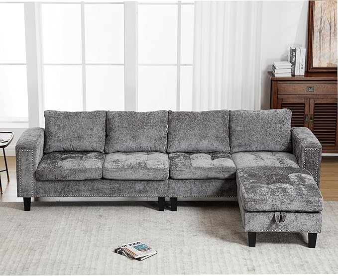 Ball & Cast 104.5" L Shaped Sectional Couch with Storage Ottoman, Chenille Upholstered 5 Seat Modular Sofa with Reversible Chaise for Living Room, Easy Assembly, Gray