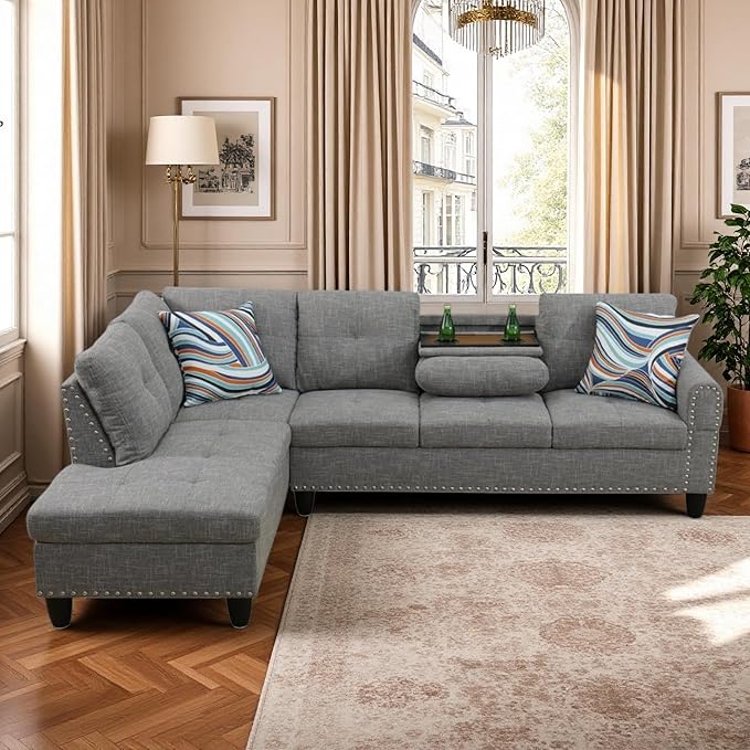 Modular L-Shaped Sectional Sofa, Modern Couches with Movable Chaise, Convertible 4-Seater Couch for Bedroom, Apartment & Office, Brown Grey
