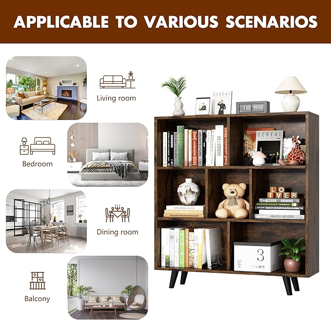 Shintenchi Cube Storage Organizer, 3 Tier Mid-Century Bookcase with Legs Cubeicals Retro Wood Organizer Storage Bookcase, Freestanding Open Book Shelves for Bedroom,Living Room,Office(Brown)