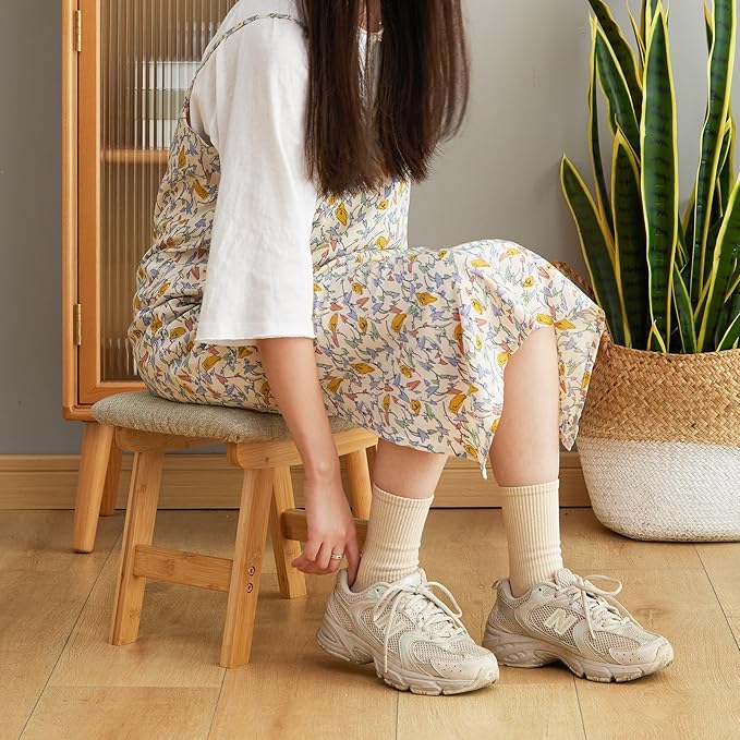 Foot Stool Ottoman Foot Rest Under Desk,Small Stool for Living Room, Bedroom and Kitchen (Natural Legs - Beige Stool Surface)