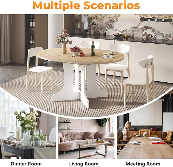 43"-59" Expandable Round Dining Table, Extendable Dining Room Table for 4-6, Oval Tabletop with Removable Leaf, Trestle X-Shaped Base & Metal Track for Dining Room, Living Room-Oak