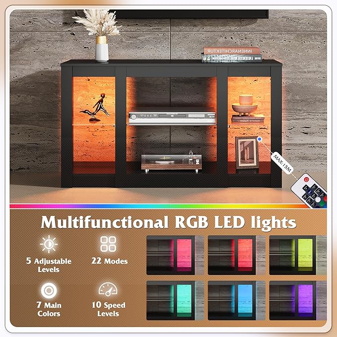 WLIVE TV Stand for 43 Inch TV, Modern Entertainment Center with LED Lights & Adjustable Glass Shelves, Sturdy Media Console for Living Room, Bedroom,Gaming (Black)