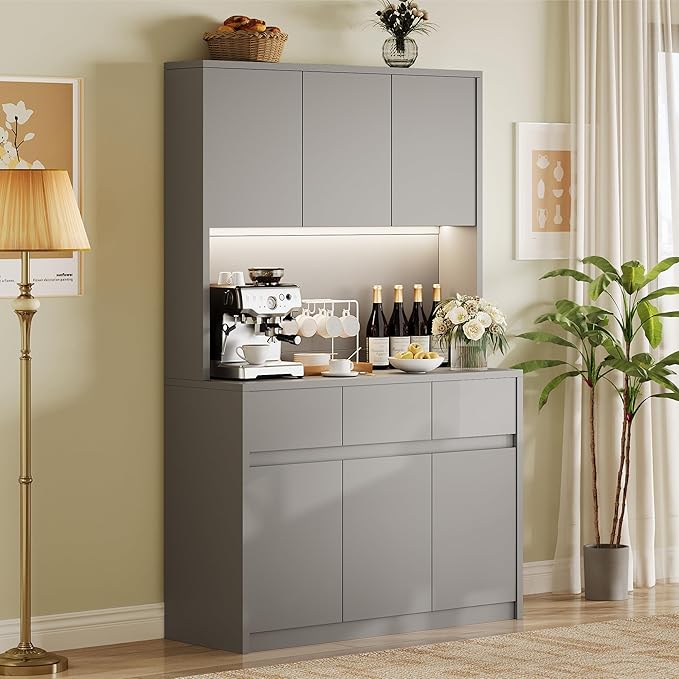 Garvee Kitchen Pantry Storage Cabinet, Tall Storage Cabinet with Doors and Shelves, Kitchen Storage Hutch with Microwave Stand, Led Lights and Charging Station,Corner Pantry Cabinet,Grey