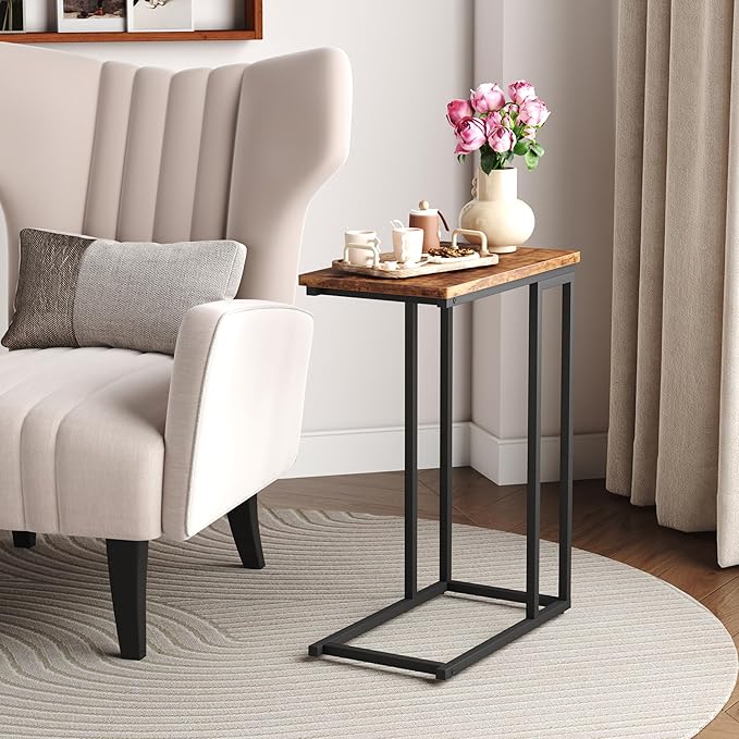 Yusong Small C Shaped End Table, Slim Couch Side Tables Slide Under Sofa Bed, Skinny Snack Tray Table for Coffee Laptop in Living Room,Easy Assembly, Rustic Brown
