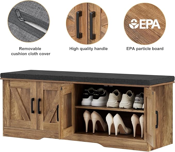 2-Tier Storage Bench, Shoe Bench with Padded Seat Cushion, Entryway Bench with 4 Barn Doors, Adjustable Shelf, 13.8" D x 47.2" W x 17.7" H, for Entryway, Living Room, Bedroom, Rustic Walnut