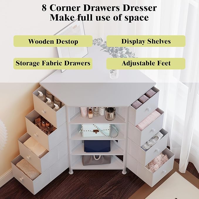 LUMTOK 8 Drawers Corner Dresser with Storage Fabric Drawers and Open Shelves for Small Space，Bedroom，Entryway，Living Room (White)