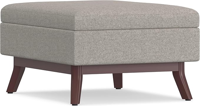 SIMPLIHOME Owen 34 inch Wide Mid Century Modern Rectangle Coffee Table Storage Ottoman in Cloud Grey Polyester Fabric, Assembled, For the Living Room, Entryway and Family Room