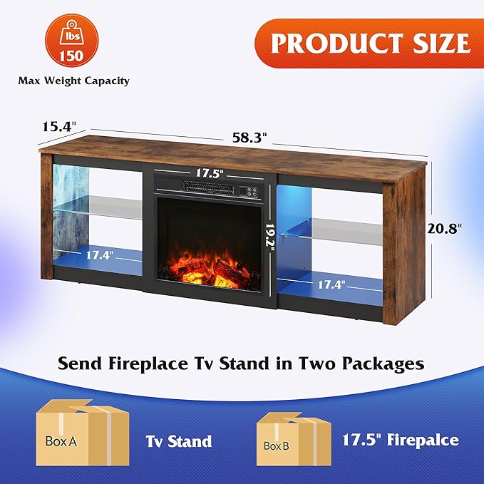 WLIVE 58 Inches Fireplace TV Stand with LED Lights, Modern Entertainment Center with 18'' Electric Fireplace & Adjustable Glass Shelves, Sturdy Media Console for Living Room, Bedroom,Gaming (Brown)