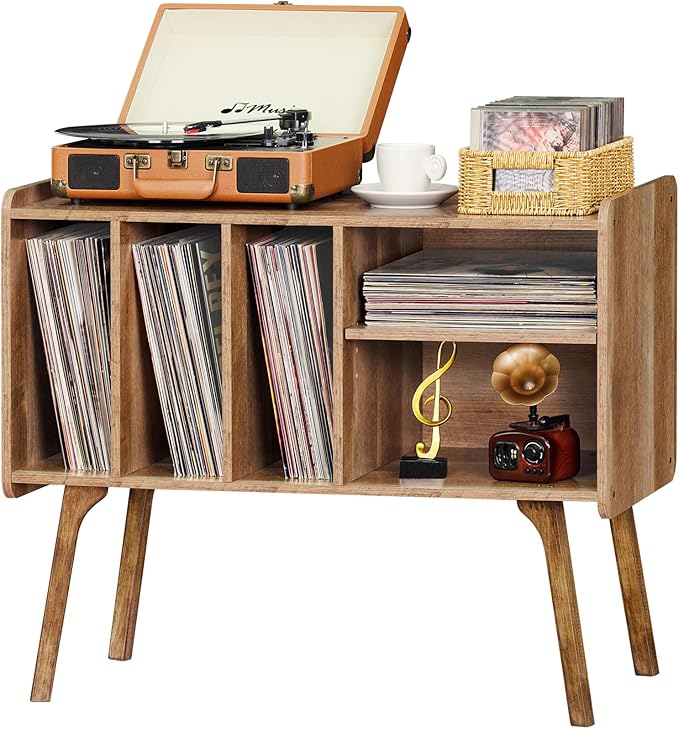 Lerliuo Record Player Stand with 4 Cabinet Holds Up to 220 Albums, Large Turntable Stand with Beech Wood Legs, Mid-Century Record Player Table