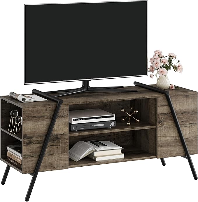 TV Stand for 60 55 50 45 Inch TV, 47" Mid Century Modern Entertainment Center with Adjustable Open Shelves & Metal Legs, Industrial Media Console Table for Living Room, Oak
