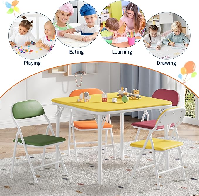 IDEALHOUSE 5 Piece Boys Girls Folding Table and Chairs Set, Activity Table and Chairs Set for Dining Room,Daycare,Classrooms