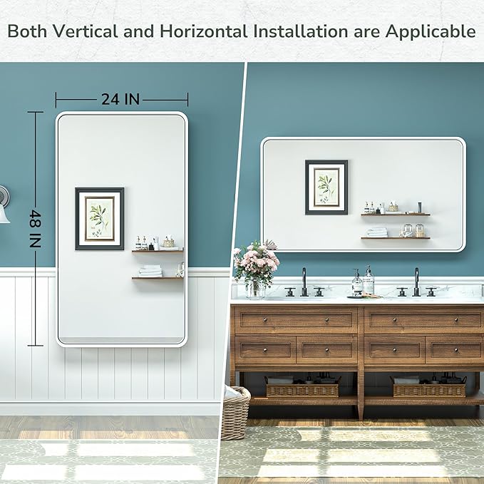 TokeShimi 48 x 24 Inch Bathroom Mirror White Vanity Wall Mirror with Metal Frame Aluminum Alloy Rounded Corner for Modern Farmhouse Wall Decor 1”Deep Set Design (Horizontal/Vertical)