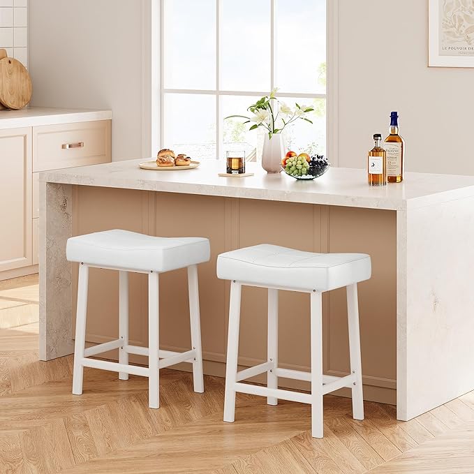 GarveeHome Counter Height Bar Stools Set of 2, 24 Inch Barstools for Kitchen Island Counter, Upholstered Padded Saddle Chairs with Curved Cushion, Easy Assembly, White